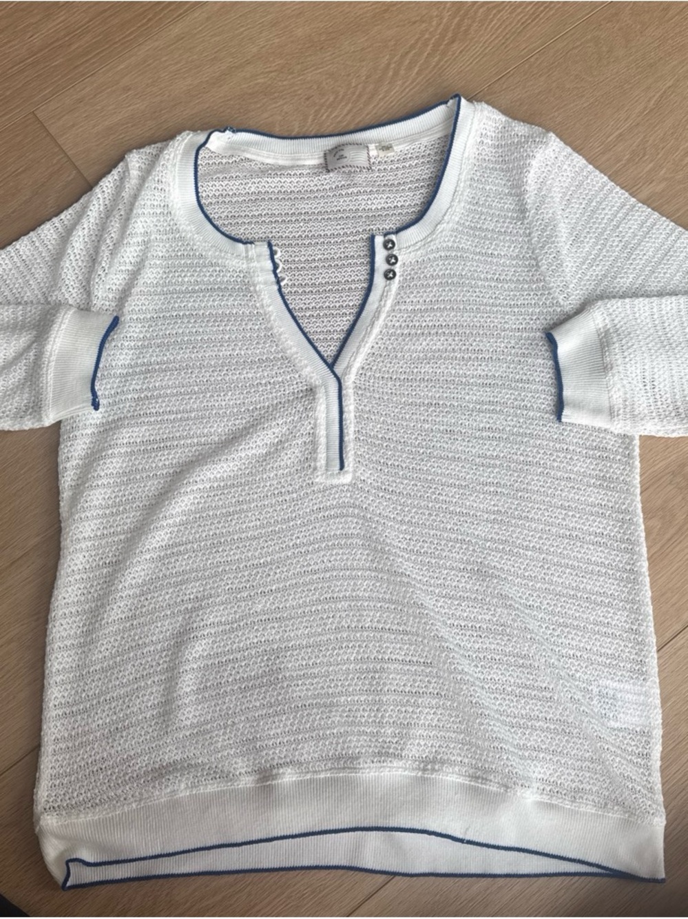 Anthropologie White Knit Short-Sleeve Top with Blue Trim